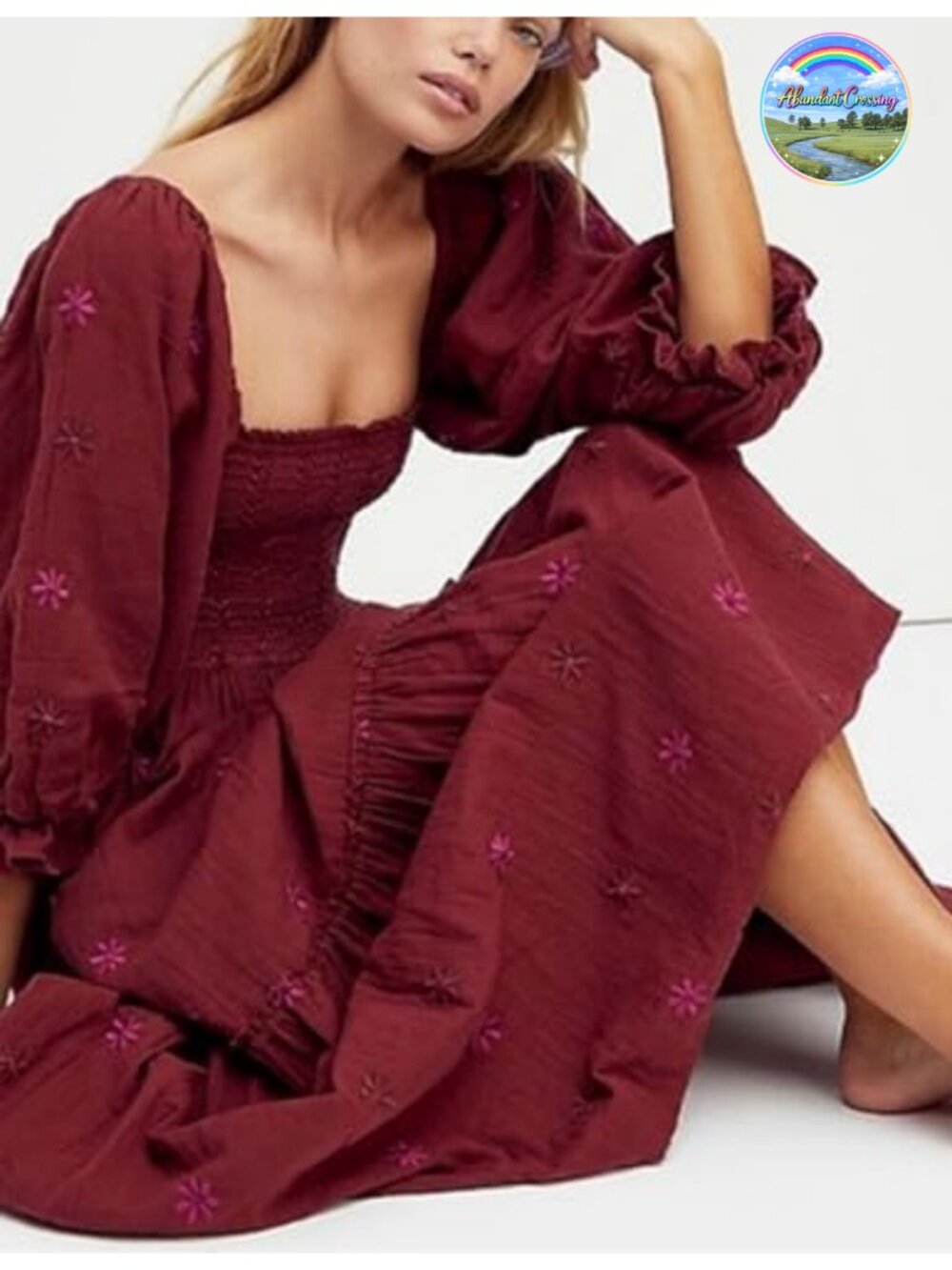 Flowy Embroidered Floral Maxi Dress with Puff Sleeves Square Neck